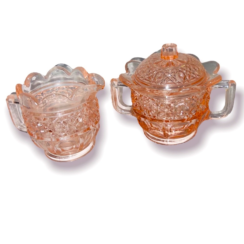 vtg mini mosser glass pink kids hostess party set Cream Sugar Cloche Basket - Picture 3 of 5